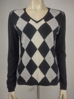 Charter Club black white gray argyle 100% Cashmere pullover sweater ladies Small